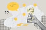 Fashionable halftones collage business concept. Concept of saving, saving, saving, collecting money. Trendy modern retro illustration on financial theme. Vector illustration of business, contract approval, finances, marketing materials.